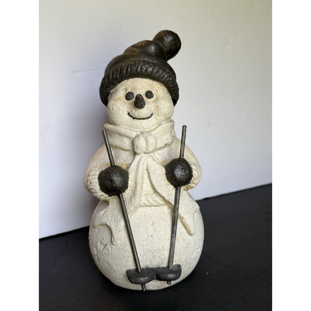 Vintage White, Gray Snowman Figurine W/ Ski Poles Whimsy, Winter Sports, Skiing